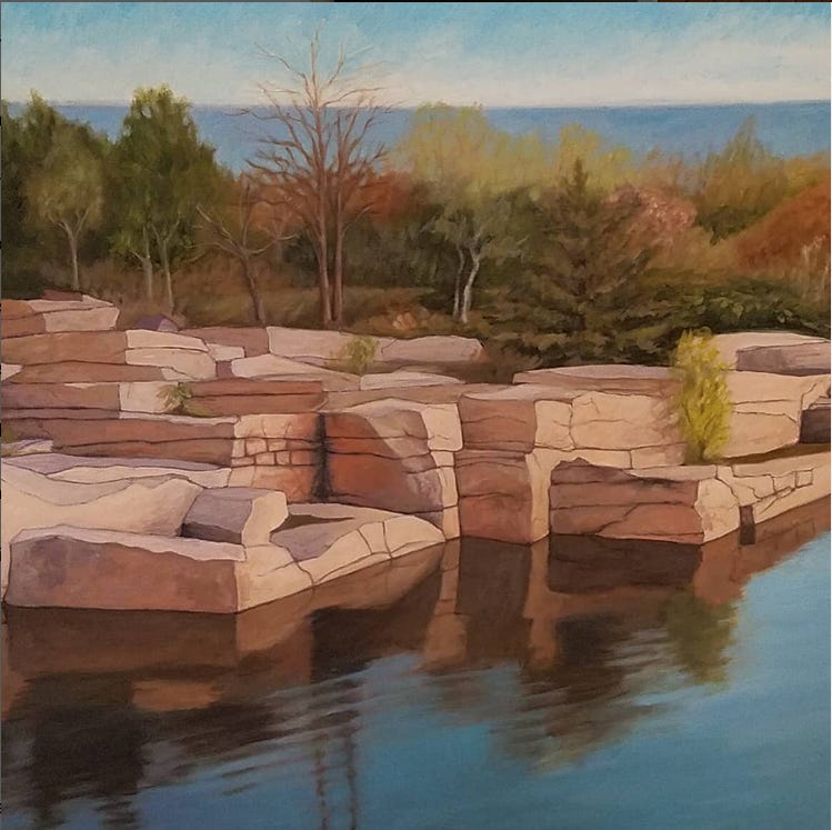 A painting of a rocky area next to a body of water

Description automatically generated