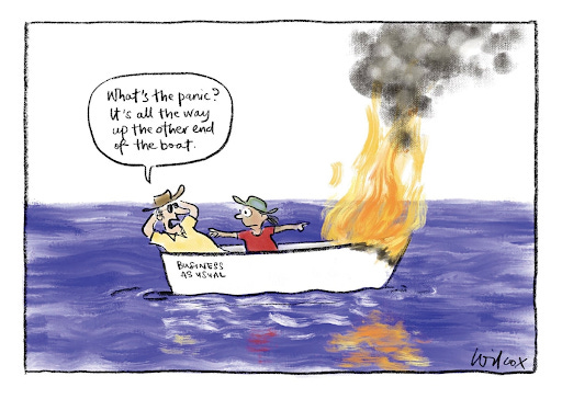  Cartoon by Cathy Wilcox showing a canoe, business as usual at one end and a fire at the other