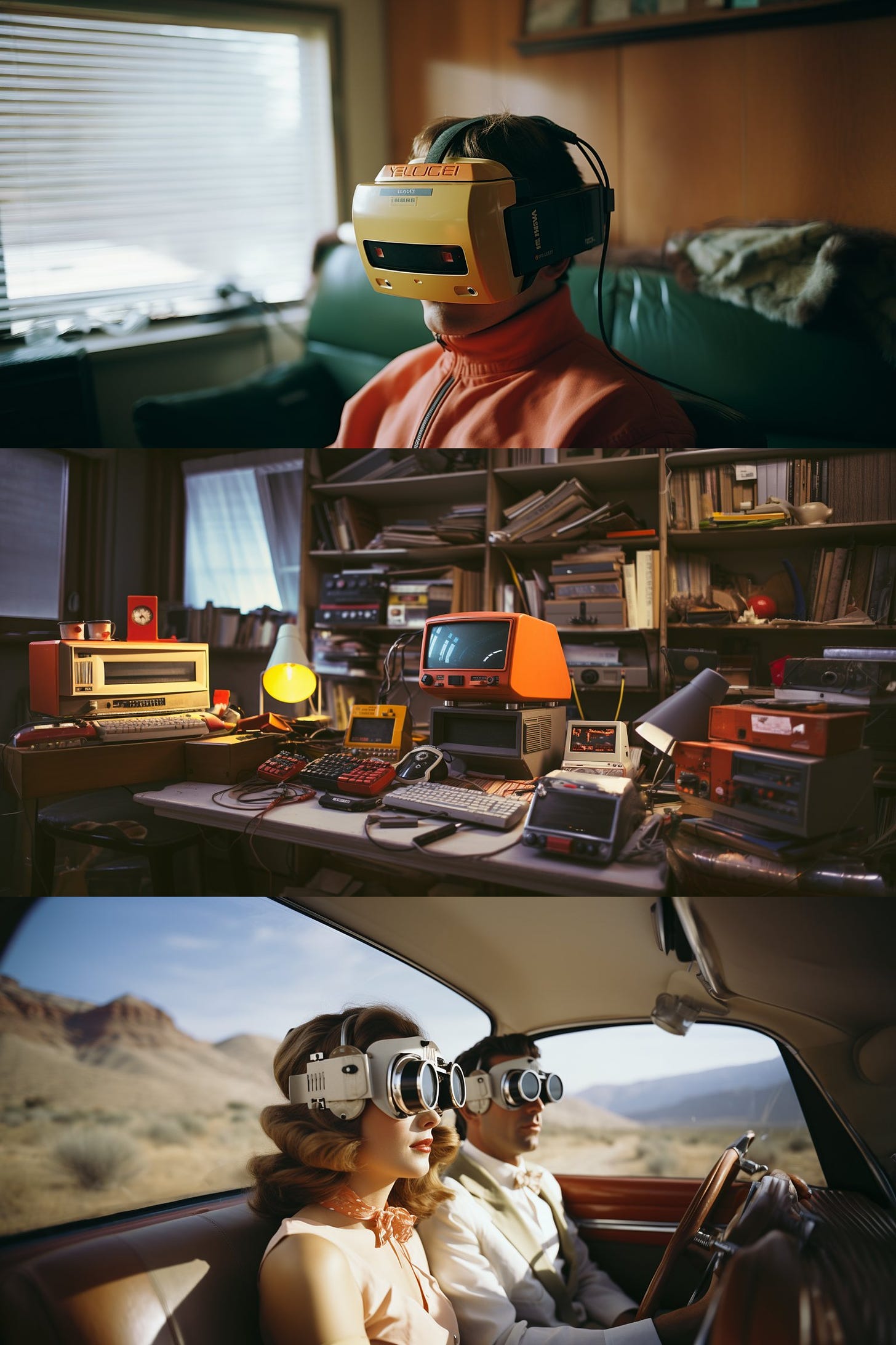 ((1)) a fiilmstill photography, retro, vintage VR visor on a man, looking a vintage tv, shot on Kodak, behind shot, Portra 400, noise --style raw --ar 2:1

((2))a fiilmstill photography, retro, vintage VR visor on table full of electronic tools, looking a vintage tv, shot on Kodak, behind shot, Portra 400, noise --style raw --ar 2:1

((3))a fiilmstill photography, retro, vintage VR visor on table full of electronic tools, looking a vintage tv, shot on Kodak, behind shot, Portra 400, noise --style raw --ar 2:1