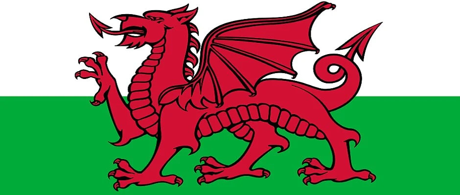 Welsh flag. Green & white background with red dragon in the foreground