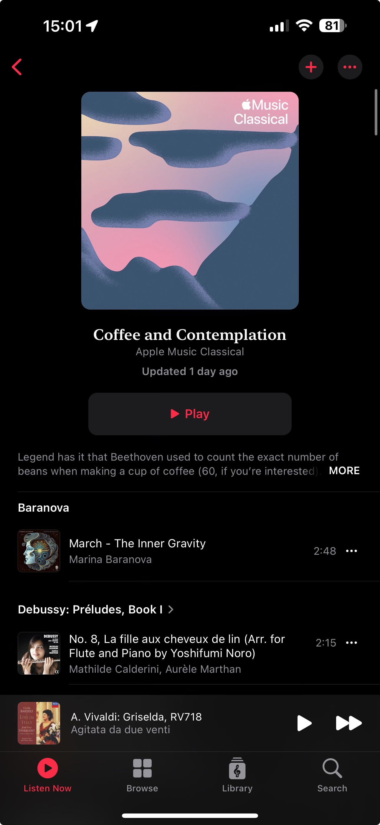 Apple Music Classical displaying “Coffee and Contemplation” playlist. (iPhone version, Dark Mode)