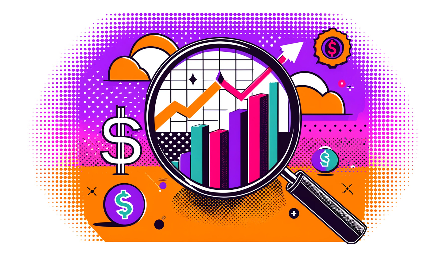 A pop art style illustration for an article titled 'The Illusion of High Margins in Cybersecurity Companies.' The color palette is restricted to bright purple, bright orange, black, and white, with a white background. The design features simple elements: a magnifying glass highlighting a graph with rising and falling lines, dollar signs, and abstract symbols representing cybersecurity. The scene is clean and simple, focusing on the concept of illusion and high margins in the cybersecurity industry.