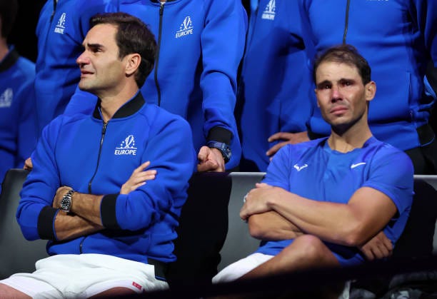 Roger Federer of Team Europe shows emotion alongside Rafael Nadal following their final match during Day One of the Laver Cup at The O2 Arena on...