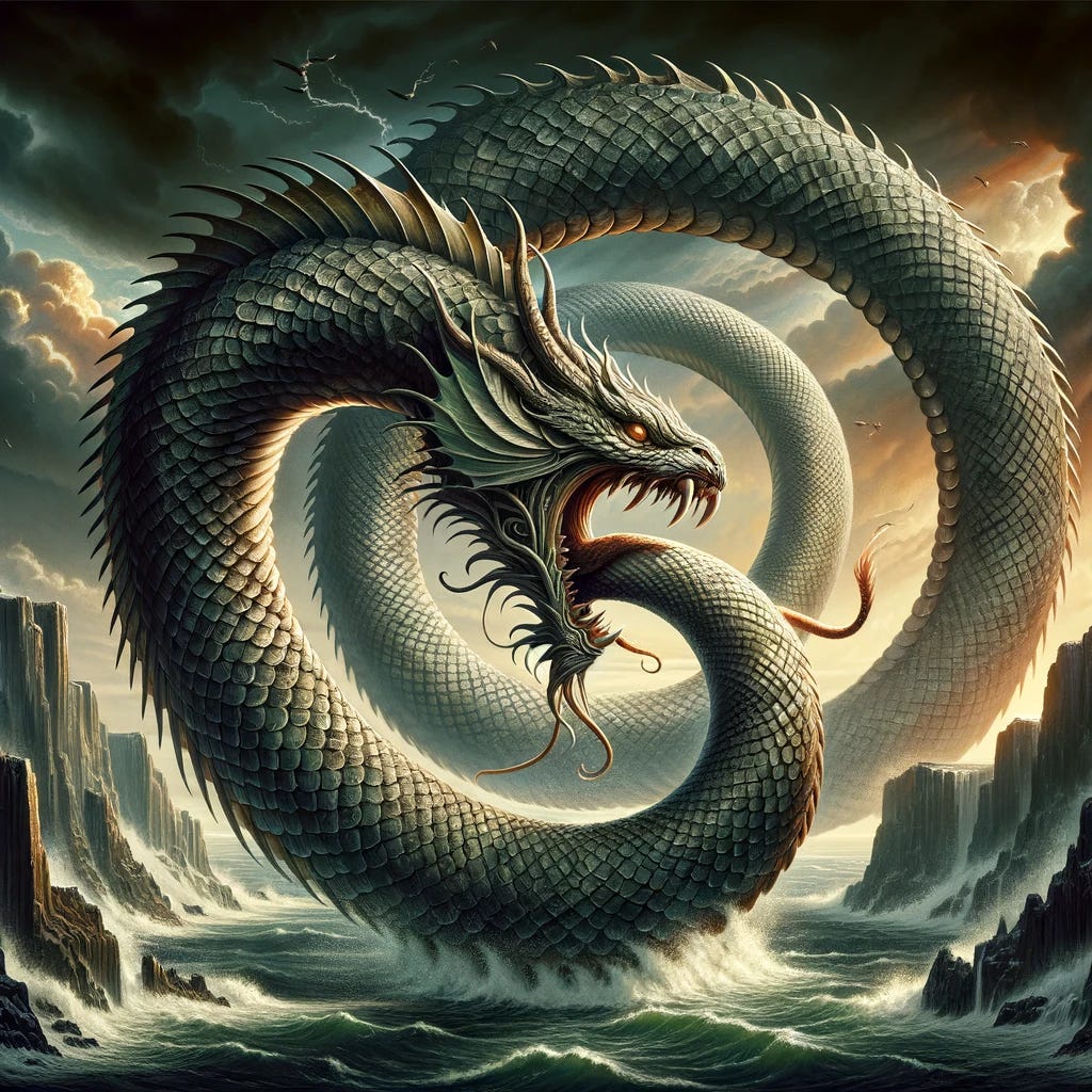 An ancient Norse mythology scene depicting Jörmungandr, the Midgard Serpent, eating its own tail. The scene is set in a dramatic Norse environment, with rugged cliffs, a stormy sky, and an ocean backdrop, all rendered in a style reminiscent of Viking art. Jörmungandr is portrayed as a massive, coiled serpent with detailed scales and a fierce expression. The serpent's tail is in its mouth, forming a perfect circle. The overall atmosphere should be mystical and powerful, capturing the essence of Norse legends and the concept of Ouroboros, the symbol of infinity and cyclicality.