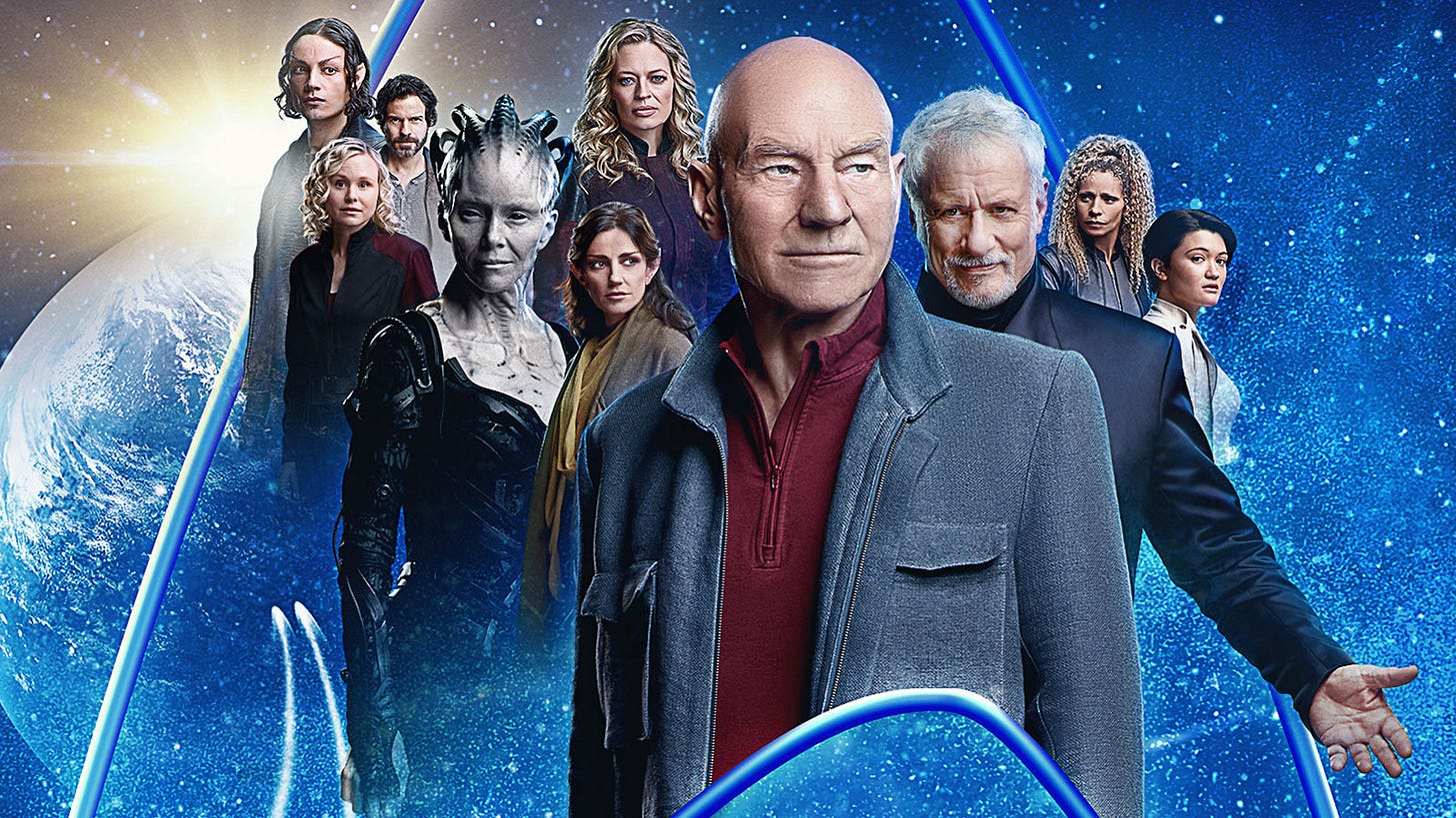 This image shows the one-sheet poster that doubles as the cover of Star Trek: Picard Season 2's official Blu-ray package. A collage of Season 2's many characters overlays a blue background that sees the planet Earth on the left and a twinkling starfield on the right. Admiral Jean-Luc Picard (played by Patrick Stewart) stands in the center. To Picard's left stand (in clockwise order): the Borg Queen (played by Annie Wersching), Dr. Agnes Jurati (played by Alison Pill), Elnor (played by Evan Evagora), Cristóbal Rios (played by Santiago Cabrera), Seven of Nine (played by Jeri Ryan), and Tallinn (played by Orla Brady). To Picard's right stand (in clockwise order): Q (played by John de Lancie), Raffi Musiker (played by Michelle Hurd), and Koré Soong (played by Isa Briones). This image shows the one-sheet poster that doubles as the cover of Star Trek: Picard Season 2's official Blu-ray package. A collage of Season 2's many characters overlays a blue background that sees the planet Earth on the left and a twinkling starfield on the right. Admiral Jean-Luc Picard (played by Patrick Stewart) stands in the center. To Picard's left stand (in clockwise order): the Borg Queen (played by Annie Wersching), Dr. Agnes Jurati (played by Alison Pill), Elnor (played by Evan Evagora), Cristóbal Rios (played by Santiago Cabrera), Seven of Nine (played by Jeri Ryan), and Tallinn (played by Orla Brady). To Picard's right stand (in clockwise order): Q (played by John de Lancie), Raffi Musiker (played by Michelle Hurd), and Koré Soong (played by Isa Briones).