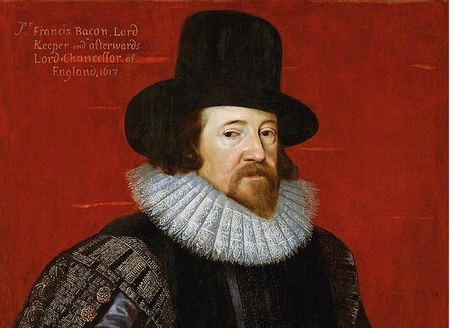 17th-century painting of Francis Bacon in frilly white collar and black hat on a dark red background