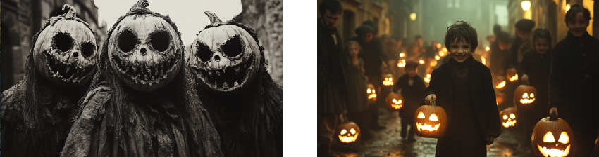 A split image: on the left, a black-and-white close-up of three people dressed in tattered cloaks with large, eerie pumpkin masks that feature hollow eyes and wide, stitched mouths, creating a haunting appearance. On the right, in a warmly lit color scene, a young child with a painted face smiles while holding a glowing jack-o'-lantern, surrounded by other children and adults carrying similar pumpkins in a foggy, old-fashioned street. Together, the images evoke a spooky Halloween atmosphere with both sinister and playful elements.