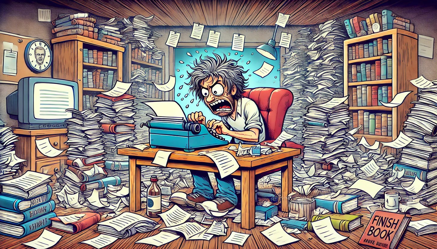 A horizontally oriented cartoon-style image depicting an author frantically trying to finish up a book. The author is sitting at a cluttered desk with papers, books, and piles of research scattered all around. The author has a disheveled appearance, with messy hair, and is hunched over a typewriter or a computer, typing furiously. The background shows a chaotic room filled with more bookshelves, stacks of papers, and notes pinned to the walls. The atmosphere is hectic, emphasizing the pressure the author is under to finish their work.