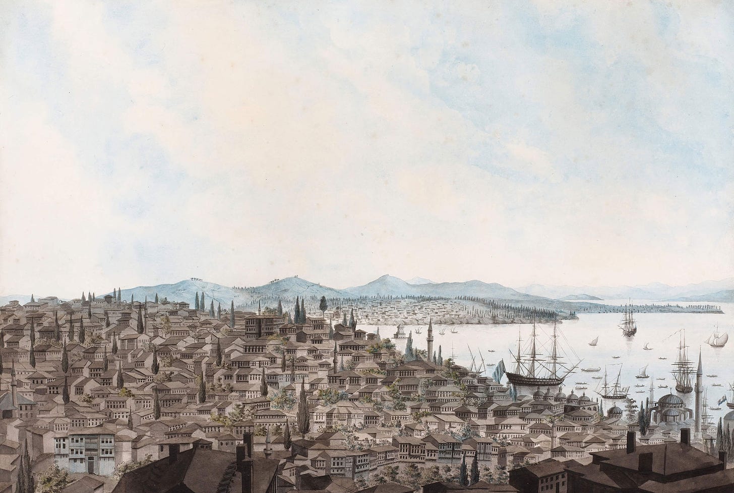 Melling's image of the European Istanbul from the Galata Tower shows tall mountains in the background with ships, the Bosphorus Strait and small houses on a hill in the foreground.