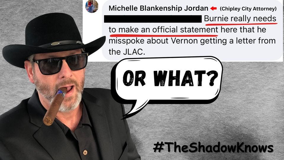 May be an image of 1 person and text that says 'Michelle Blankenship Jordan (Chipley City Attorney) Burnie really needs to make an official statement here that he misspoke about Vernon getting a letter from the JLAC. OR WHAT? #TheSh #The ws'