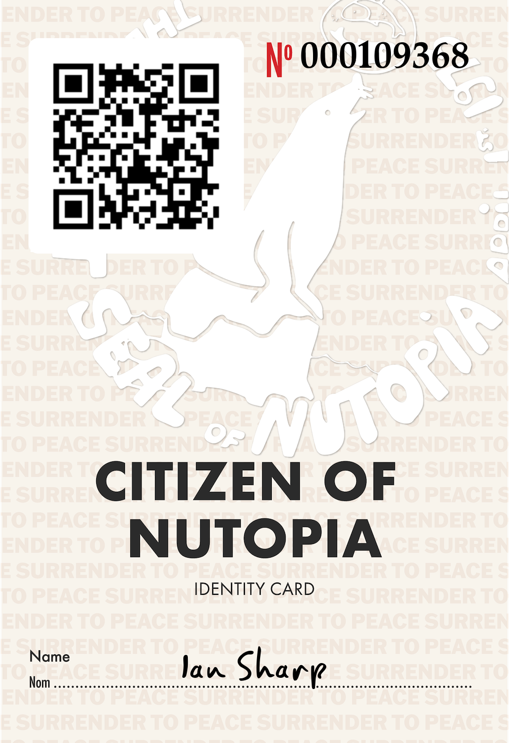 Nutopian Citizenship Card registered to Ian Sharp