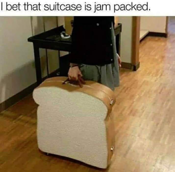 May be an image of 1 person, suitcase and text that says 'bet that suitcase is jam packed.'