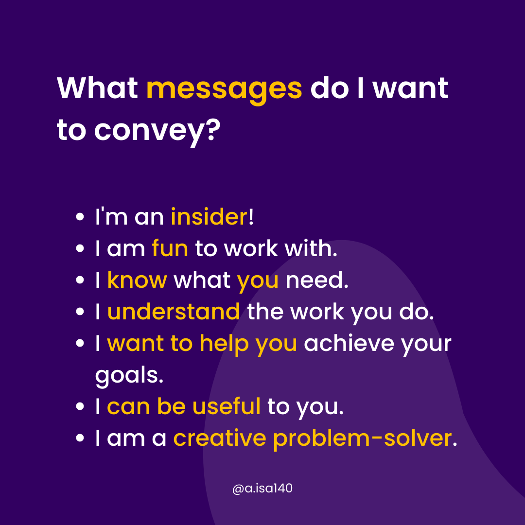 White and yellow text over purple background. The question is What messages do I want to convey? Bullet points say I'm an insider! I am fun to work with. I know what you need. I understand the work you do. I want to help you achieve your goals. I can be useful to you. I am a creative problem-solver.