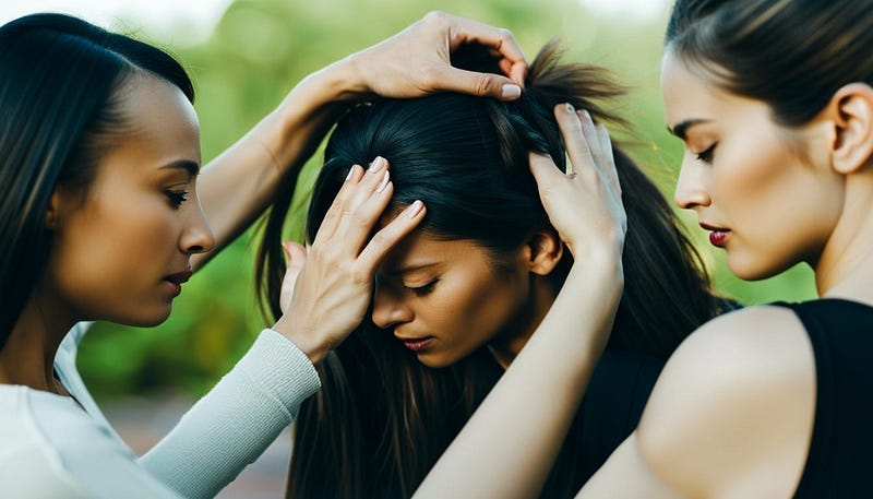 2 women touching woman’s head