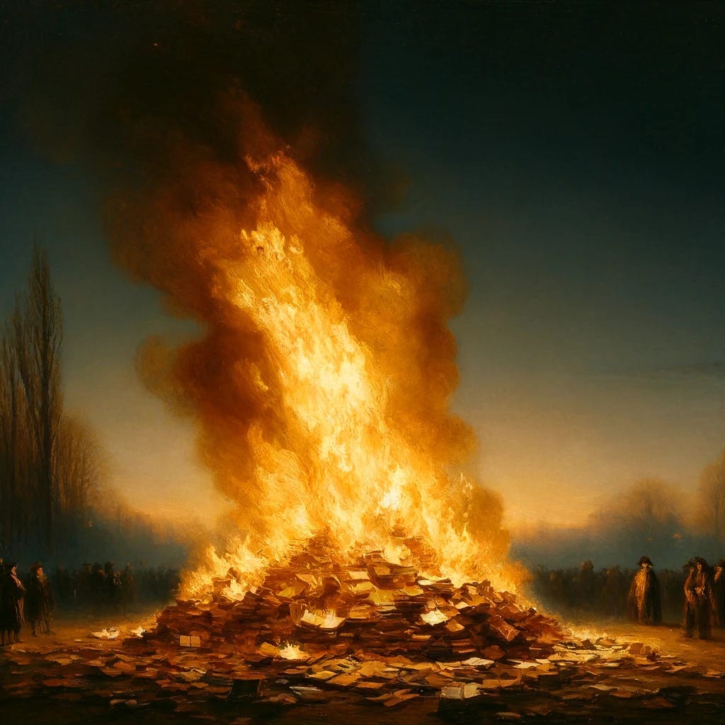 A Rembrandt-style painting depicting an outdoor book burning scene at dusk, focusing on a large pile of books burning vividly. The flames cast intense contrasts of light and shadow across the scene. The background features a dimly lit field and silhouetted trees under a darkening sky, enhancing the somber atmosphere. Human silhouettes surrounding the fire are darker and more indistinct, adding a mysterious and ominous tone. The overall color palette includes deep browns, golds, and bright oranges of the flames, contrasting with the darker natural hues of the evening landscape.