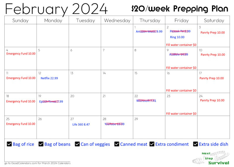 Twenty dollar weekly prepping plan calendar