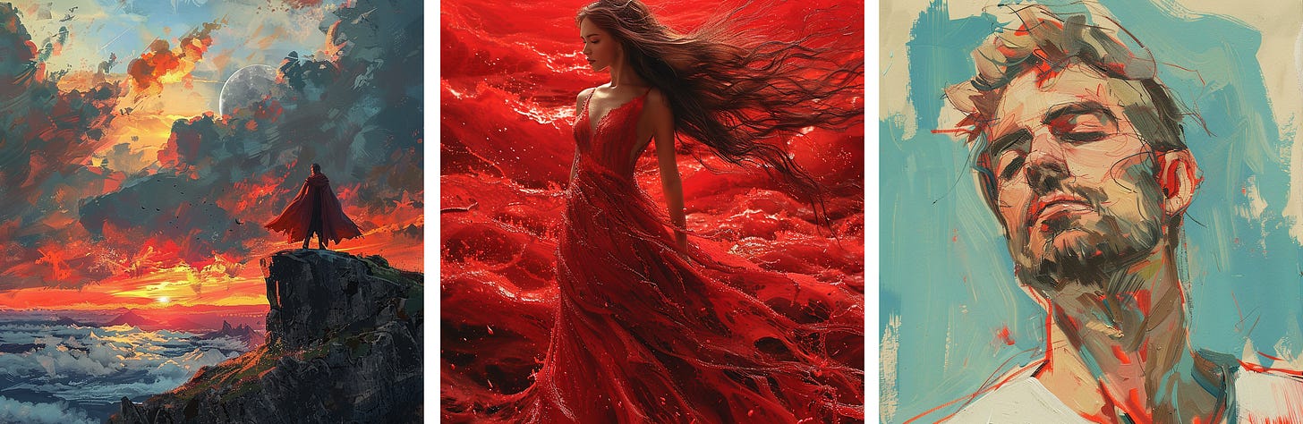 Fantasy landscape | Woman in a red dress with long hair | Portrait of a man