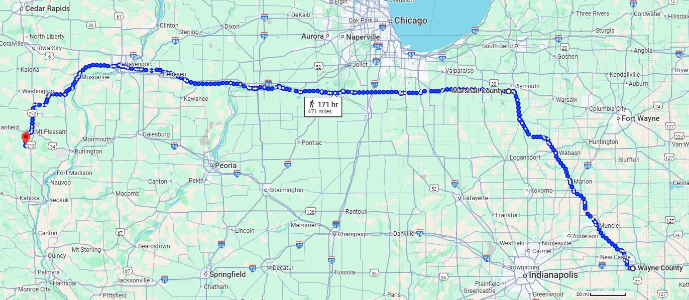 map showing walking route (471 miles) from Wayne County, IN to Salem, IA via Marshall County, IN