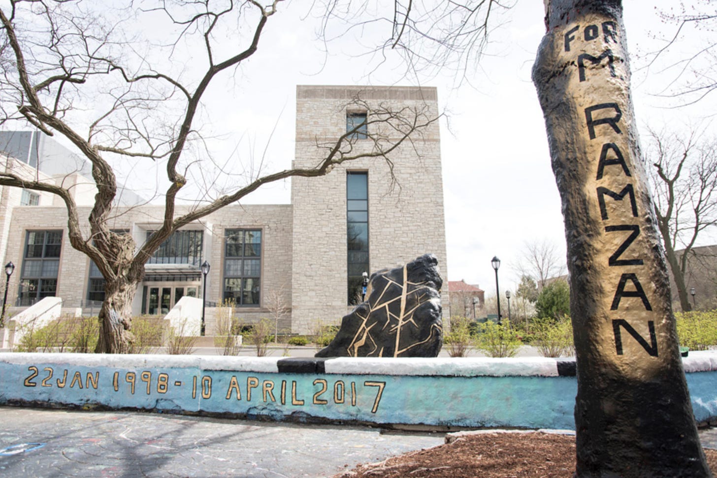 On Northwestern University’s campus, a rock stands in front of a modern architecture building. The rock is painted black with zigzags of gold. There is a wall in front of the rock painted bright sky blue, with 22 JAN 1998 - 10 APRIL 2017 painted in gold and outlined in black. A tree stands in the foreground, with gold spraypainted on the truck. FOR M. RAZMAN stands out from the tree trunk, bold agains the metallic paint.