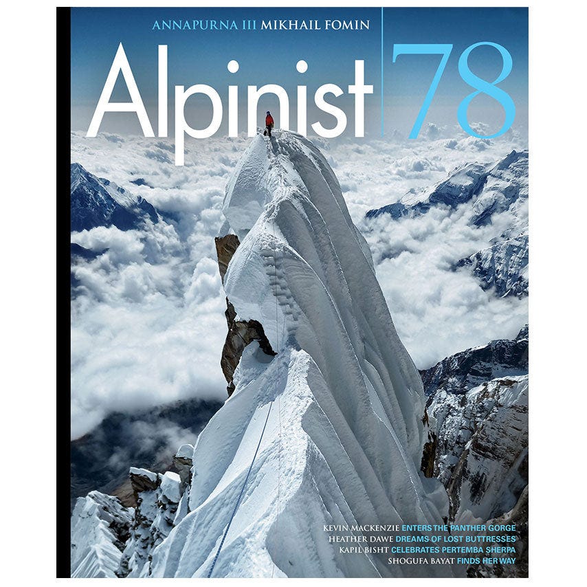 cover of Alpinist 78, showing climber on snowy mountain ridge