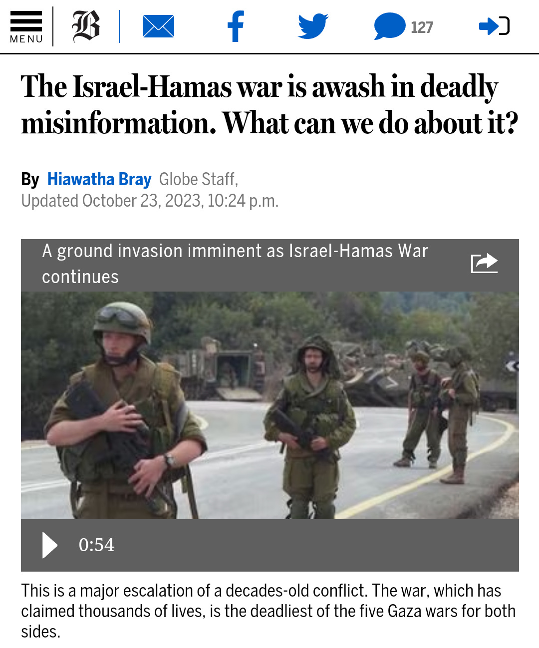 Screenshot of a Boston Globe article, title "The Israel-Hamas war is awash in deadly misinformation. What can we do about it?" with a photo of IDF soldiers on a road