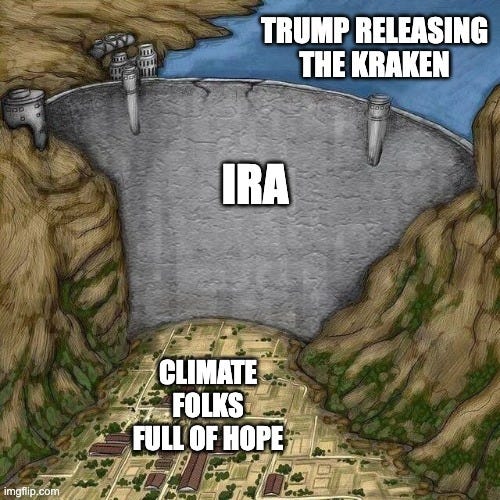 Water Dam Meme | TRUMP RELEASING THE KRAKEN; IRA; CLIMATE FOLKS FULL OF HOPE | image tagged in water dam meme | made w/ Imgflip meme maker