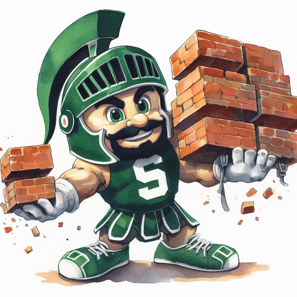 The Michigan State University mascot holding up a pile of bricks, watercolor