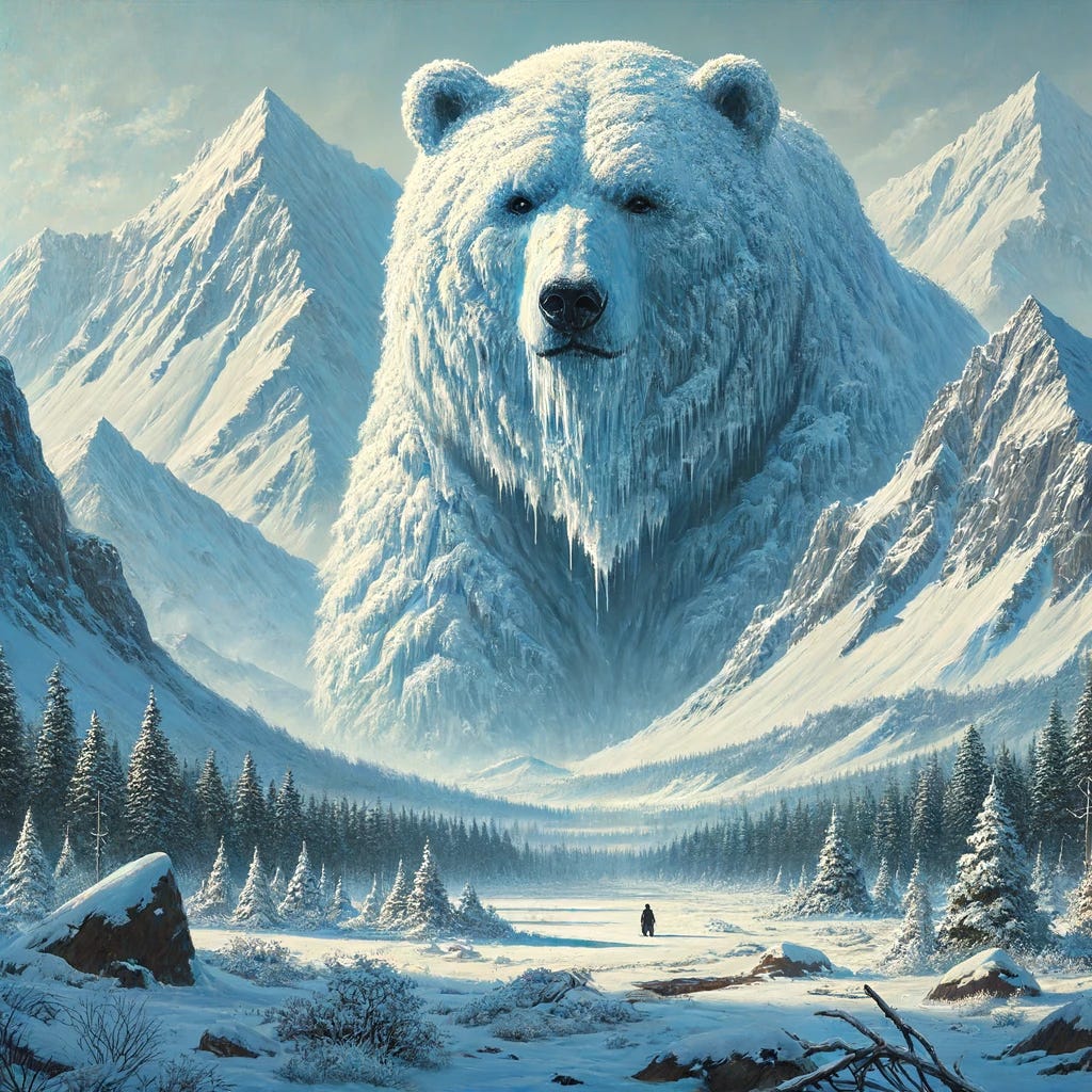 A colossal bear the size of a mountain, covered in snow, standing majestically. The scene is painted in a 5:3 aspect ratio, showcasing the vastness of the snowy landscape and the grandeur of the great bear of ice.