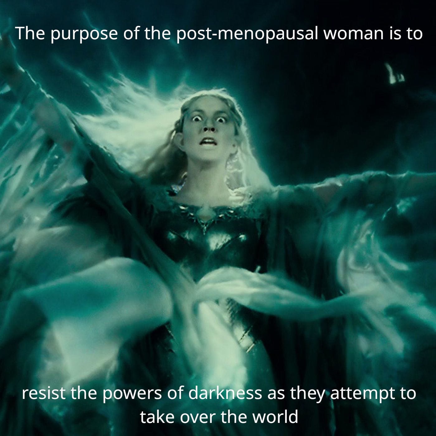 Image: Dark Galadriel. Text: “The purpose of the post-menopausal woman is to resist the powers of darkness as they attempt to take over the world.” 