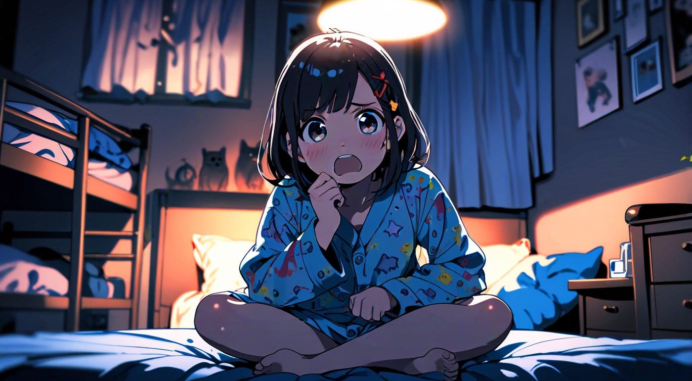 Imagen tierna estilo manga de una chica escuchando una historia de terror