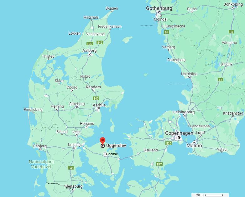 Map of Denmark, showing Uggerslev village near Odense