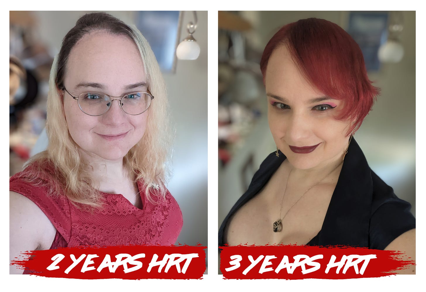 A transition timeline, showing a snapshot at 2 years and another at 3. The 3 year shot is noticeably more feminized, in a varity of subtle ways, than the 2 year one.