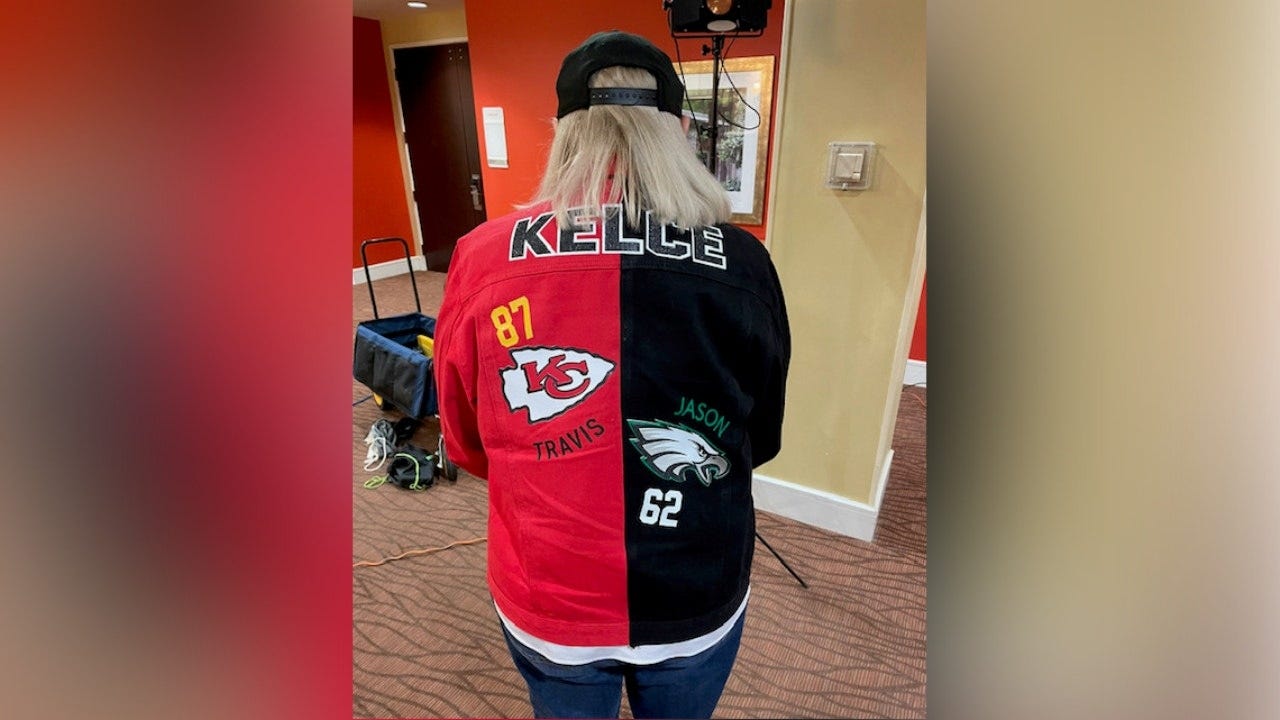 Super Bowl 2023: Mama Kelce's split Eagles-Chiefs jacket ...