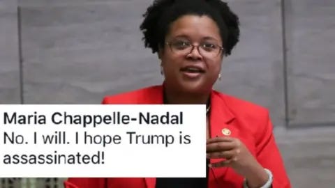 Alamy Image shows a standing Maria Chappelle-Nadal wearing a red jacket with the comment which reads 'No. I will. I hope Trump is assassinated!'