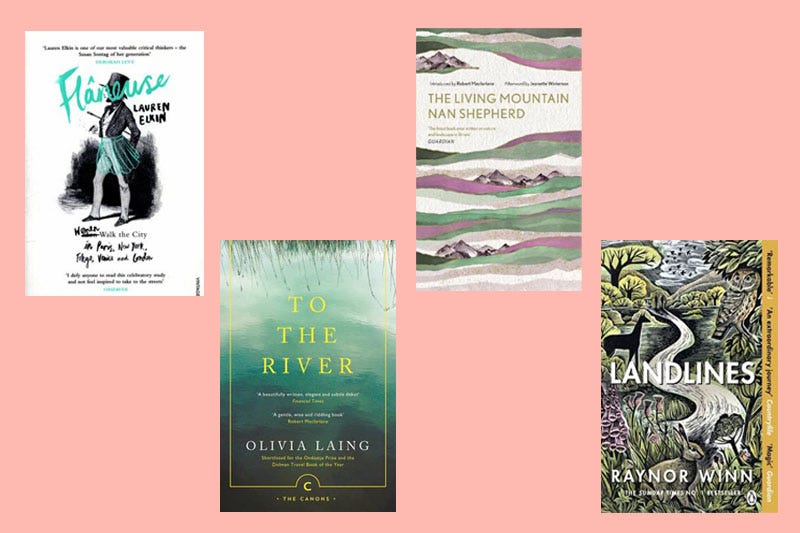 Covers of Flâneuse: Women Walk the City in Paris, New York, Tokyo, Venice and London by Lauren Elkin, To the River: A Journey Beneath the Surface by Olivia Laing, The Living Mountain by Nan Shepherd and Landlines by Raynor Winn.