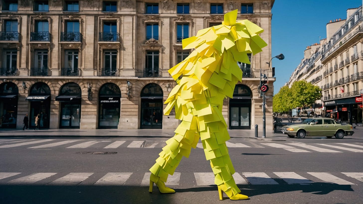 A human like creature covered head to toe in yellow post it notes walking across the road. A human like creature covered head to toe in yellow post it notes walking across the road.