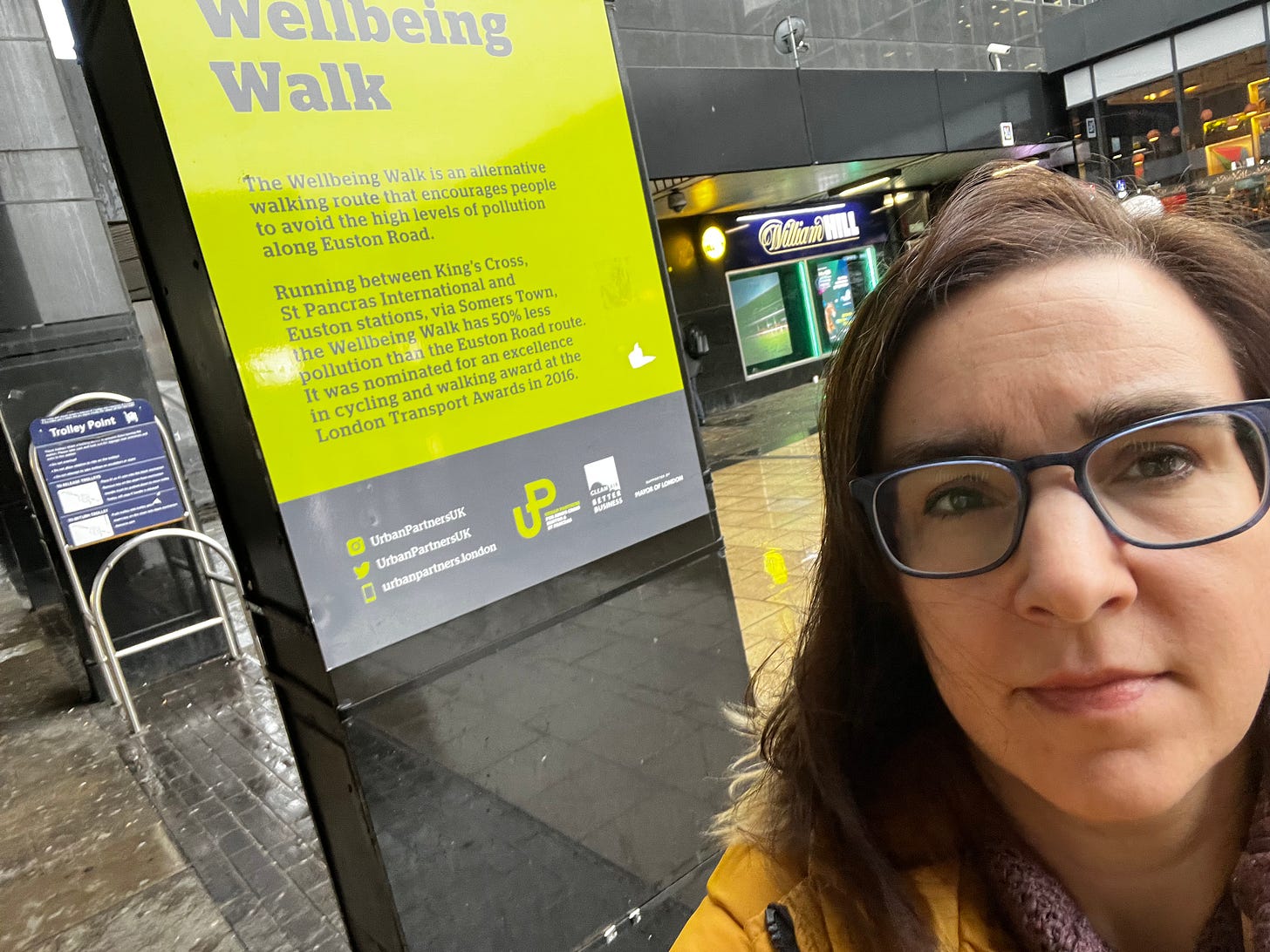 Photo of signs for the wellbeing walk between Euston and Kings Cross