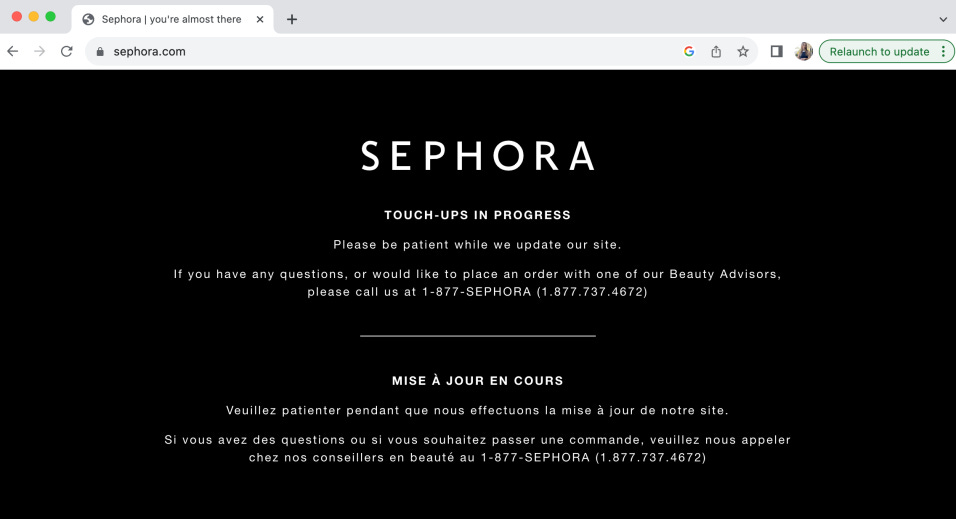 Sephora landing page when it crashed