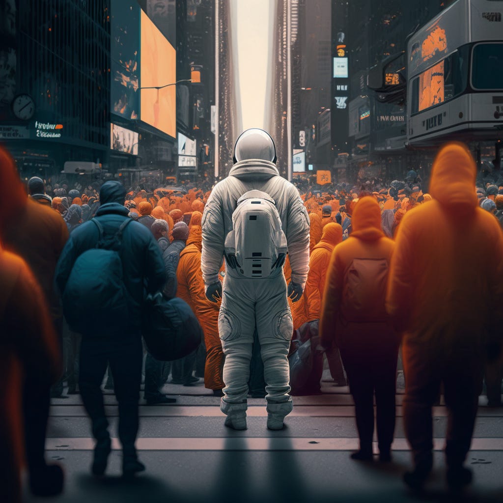 a person walking through a crowd in an astronaut suit on a busy city street, bystanders are just staring at him, he's radiating int he middle of the screen without a care in the world, digital art, realistic