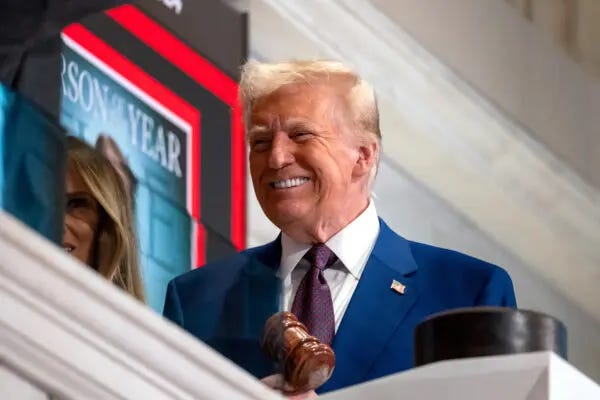 President-elect Donald Trump rings the opening bell on the trading floor of the New York Stock Exchange, on Dec. 12, 2024. (Spencer Platt/Getty Images) President-elect Donald Trump rings the opening bell on the trading floor of the New York Stock Exchange, on Dec. 12, 2024. (Spencer Platt/Getty Images)
