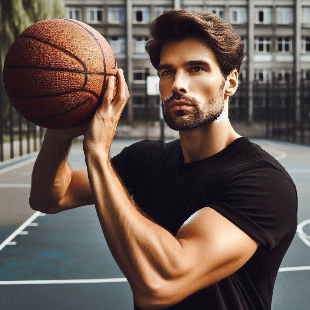 A handsome man in a black t-shirt takes a three-point shot on an empty basketball court.