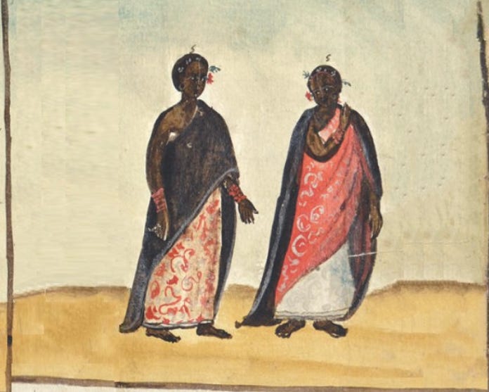 detail of the Parma Watercolors; "PW070: Black male and female aristocrats"

read about these images of Kongo here: https://mavcor.yale.edu/mavcor-journal/nature-culture-and-faith-seventeenth-century-kongo-and-angola