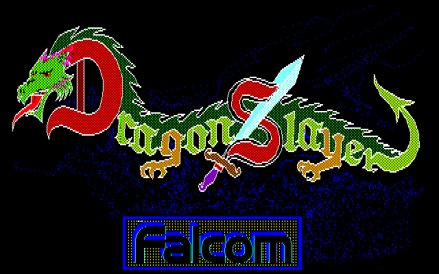 The title screen for the PC-88 edition of Dragon Slayer shows you exactly why the letters in the logo are organized like that: they're part of the body of a dragon, with the head, tongue out, coming out of the top-left of the D, its front claws the bottom of the lowercase g and back legs the y, and the r that ends "Slayer" extending out into a dragon's tail. Falcom's logo is all in black and blue at the bottom, and, other than the color choice and existing inside a box, looks the same as it does today, 40 years later.