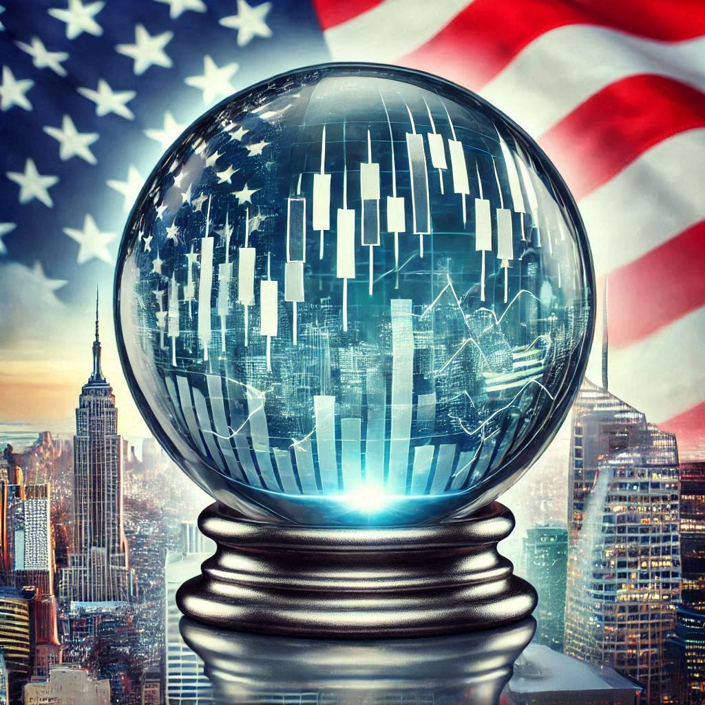 A crystal ball with financial charts inside, set against a backdrop of the American flag and a city skyline.