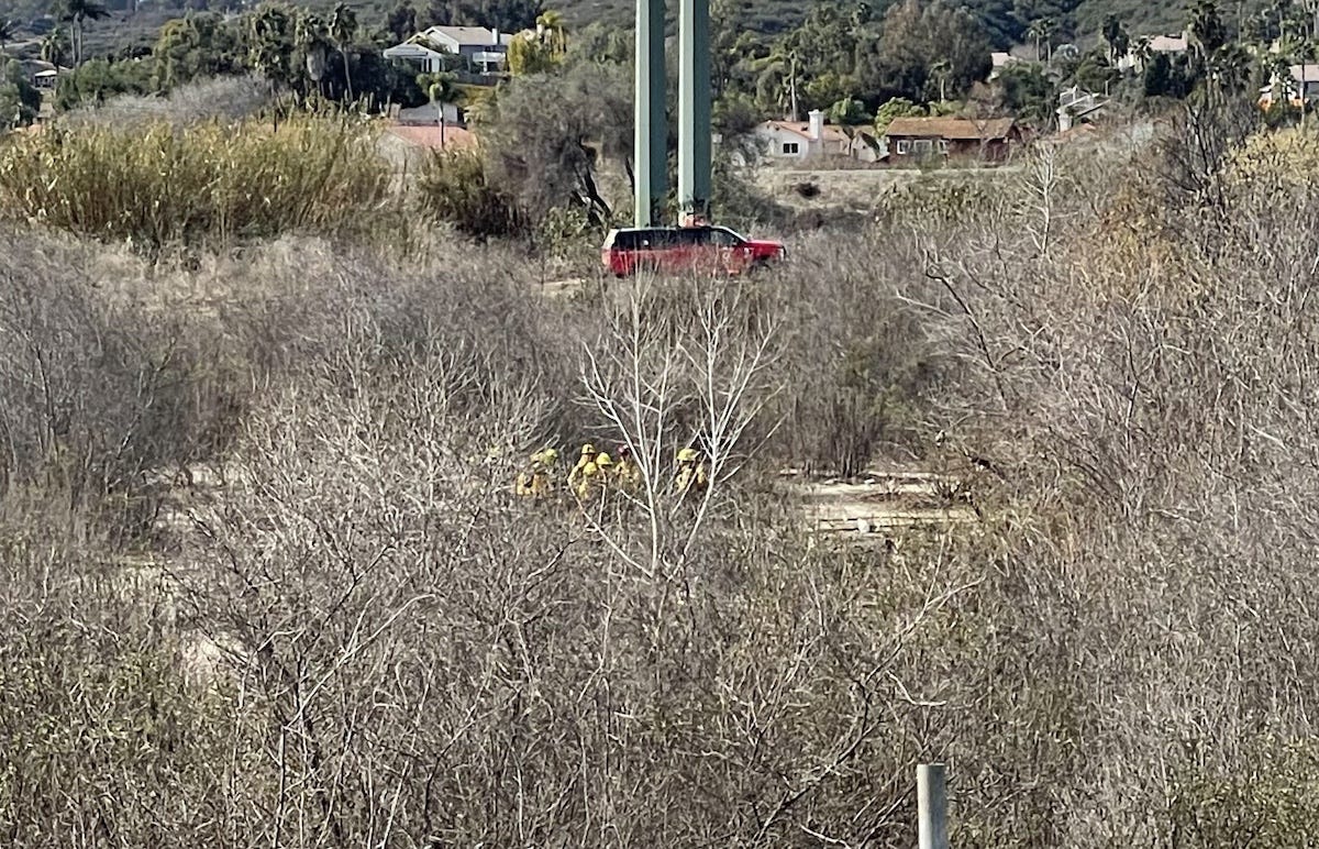 The San Luis Rey River is home to a large homeless encampment, dry and dead vegetation. A small brush fire broke out on Friday and was quickly extinguished by the Oceanside Fire Department.  Steve Puterski photo