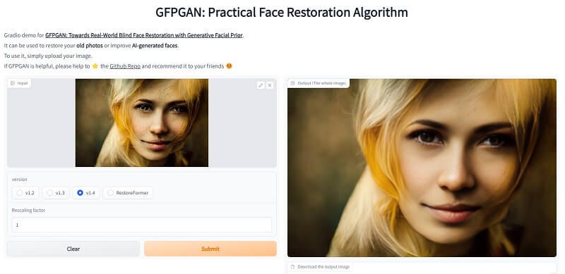 GFPGAN GUI with the original and restored photo of a smiling blonde woman
