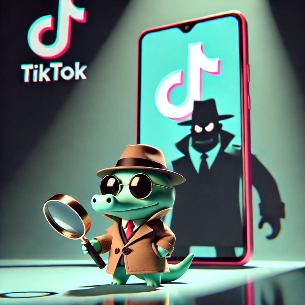 A small, cute, anthropomorphic gator dressed as a spy, complete with a trench coat, dark sunglasses, and a fedora, standing in front of a giant smartphone screen that prominently displays the TikTok logo. The gator looks suspiciously at the phone while holding a magnifying glass, examining the data streaming from the phone to a shadowy, ominous figure in the background resembling a caricatured CCP official. The scene is playful and Pixar-like, with bright colors but a hint of intrigue. No text or words in the image.