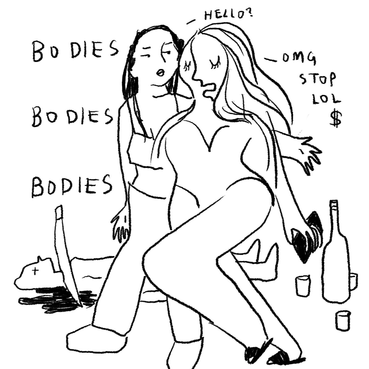 Silly BW fan art of characters from BODIES BODIES BODIES.