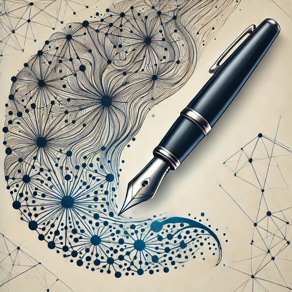 A graphic depicting a classic fountain pen with ink flowing into a neural network pattern. The design transitions smoothly from the pen’s ink into interconnected nodes and lines, symbolizing the fusion of traditional writing with artificial intelligence. The neural network pattern has a subtle digital glow, evoking the blend of human creativity and technology in a modern, professional style. Background is minimal to emphasize the pen and neural design. Size: 1024x1024.