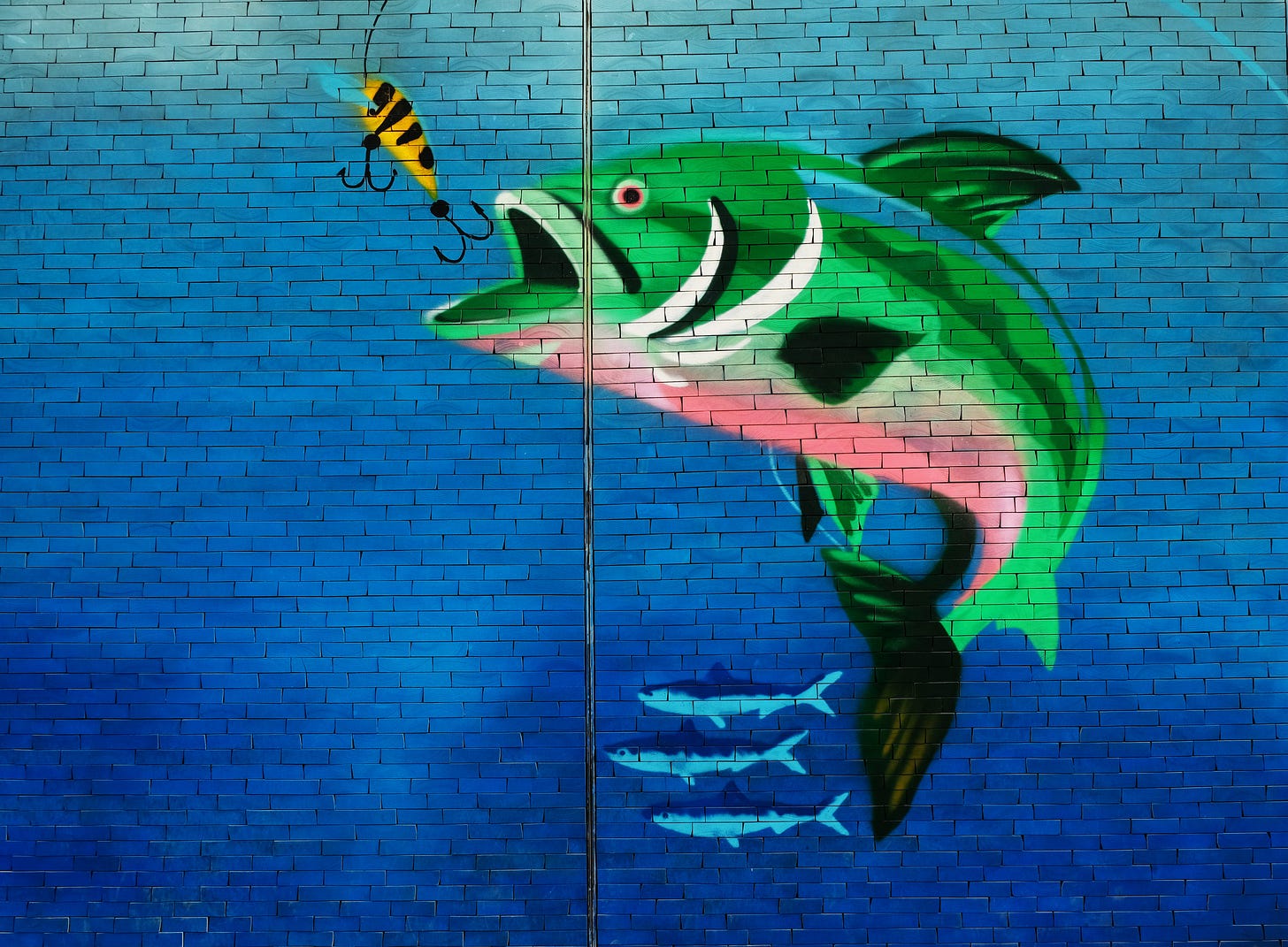 wall art of a big fish being caught by bait while the smaller fish keep swimming